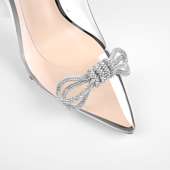 2022 fashion Bowknot Rhinestone Pointed Toe Clear Chunky Heels Pumps (3)